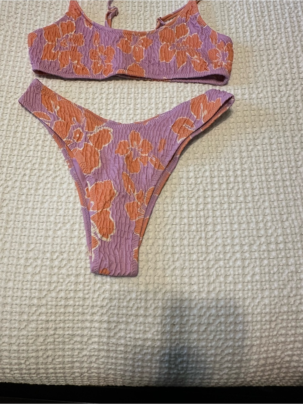 Floral Textured Bikini Set in Lavender & Coral smocked with extra stretch. - Picture 2 of 4